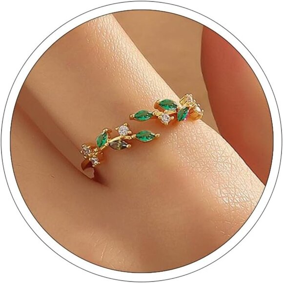 Jewelry - Stylish Dainty Stackable Ring - Adjustable Open Green Leaf Design for Women